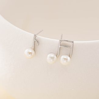 Silver Musical Note Freshwater Pearl Stud Earrings
