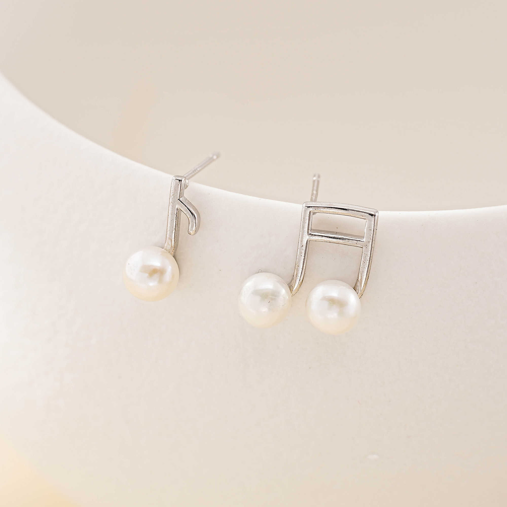 Silver Musical Note Freshwater Pearl Stud Earrings