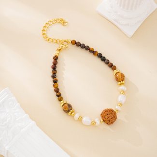 Tiger Eye and Freshwater Pearl Beaded Bracelet