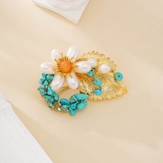 Turquoise and pearl floral statement brooch