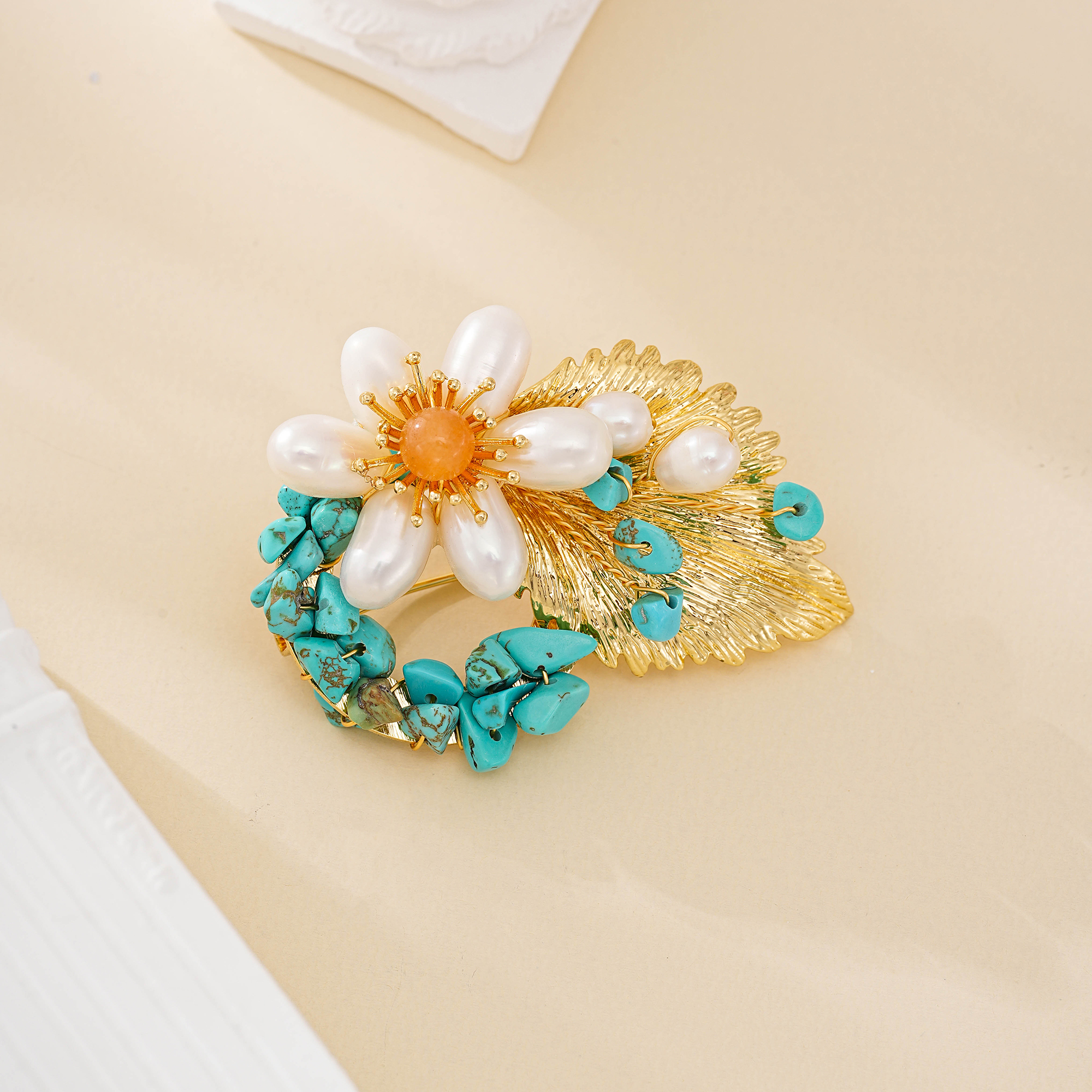 Turquoise and pearl floral statement brooch