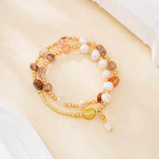 Watermelon tourmaline and freshwater pearl wrap bracelet