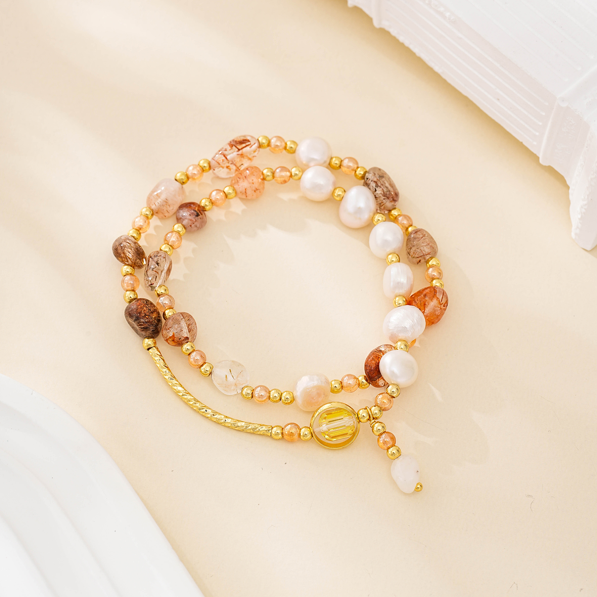 Watermelon tourmaline and freshwater pearl wrap bracelet