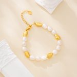Irregular pearl and faceted gold-tone bead bracelet