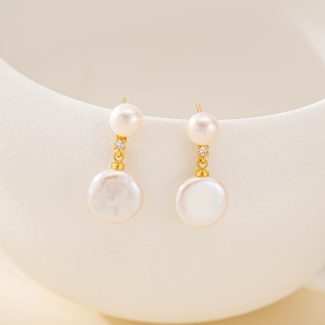 Minimalist coin baroque pearl drop earrings