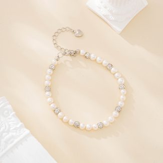 Silver-tone zircon ball and freshwater pearl bracelet