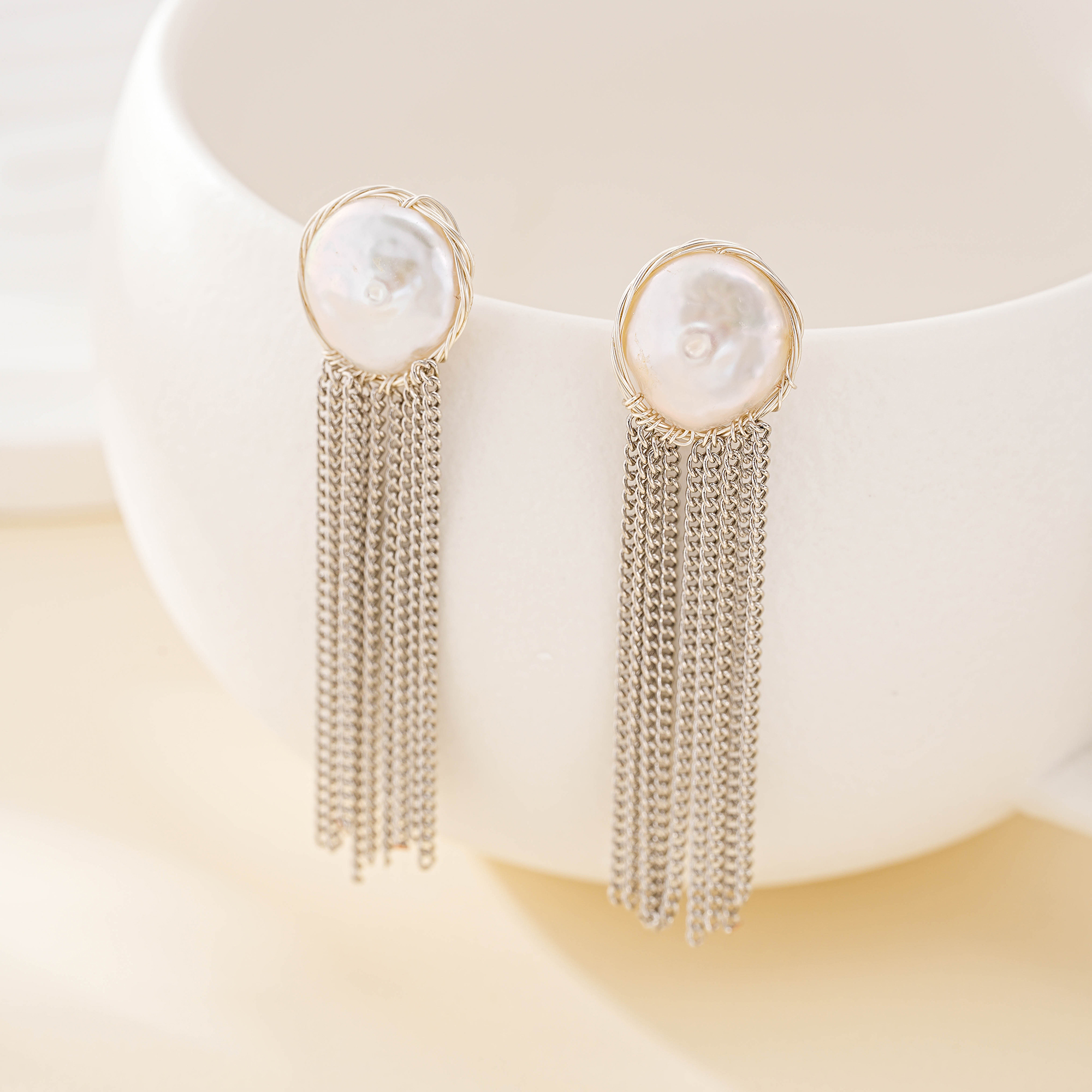 Silver-tone baroque pearl chain tassel earrings