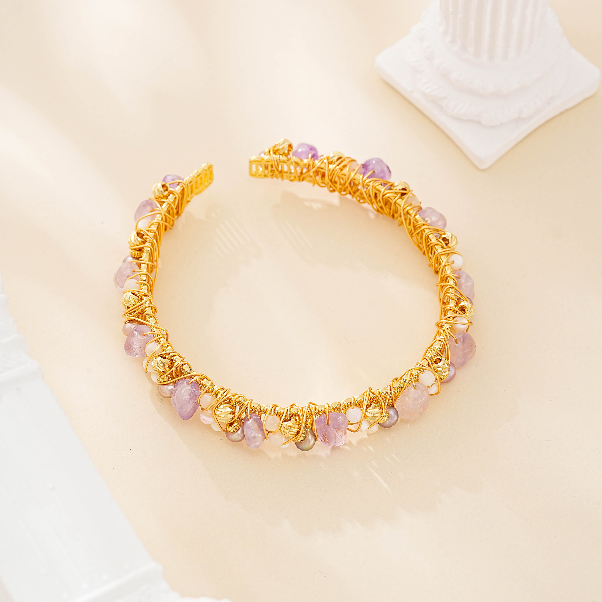 Amethyst and pearl hand-woven open cuff bracelet