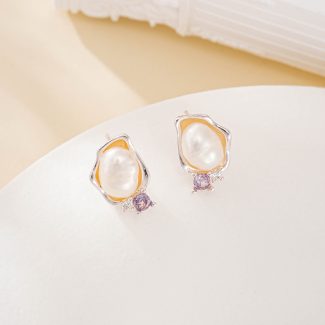 Amethyst accent baroque pearl stud earrings