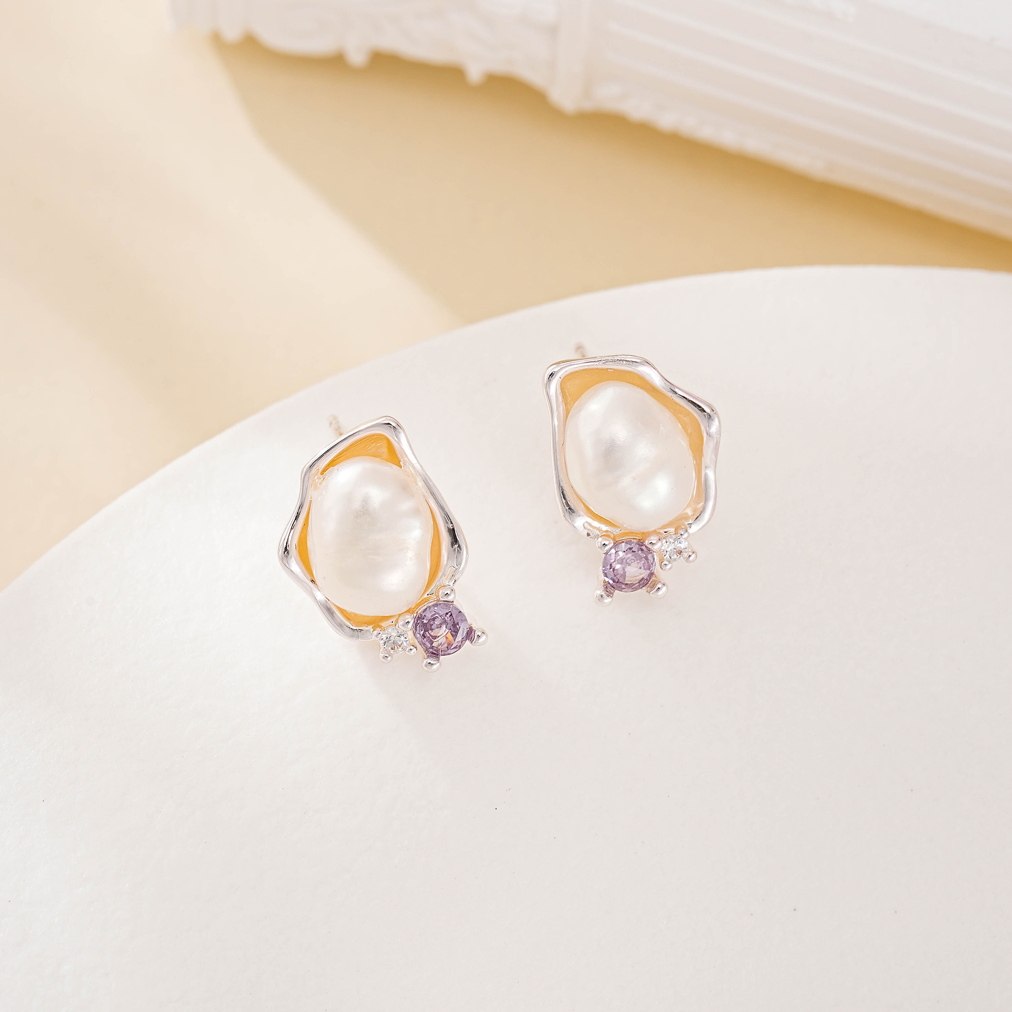 Amethyst accent baroque pearl stud earrings