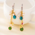 Long tassel earrings with multicolor glass drops, pearl beads and fine chains