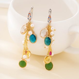 Long tassel earrings with multicolor glass drops, pearl beads and fine chains