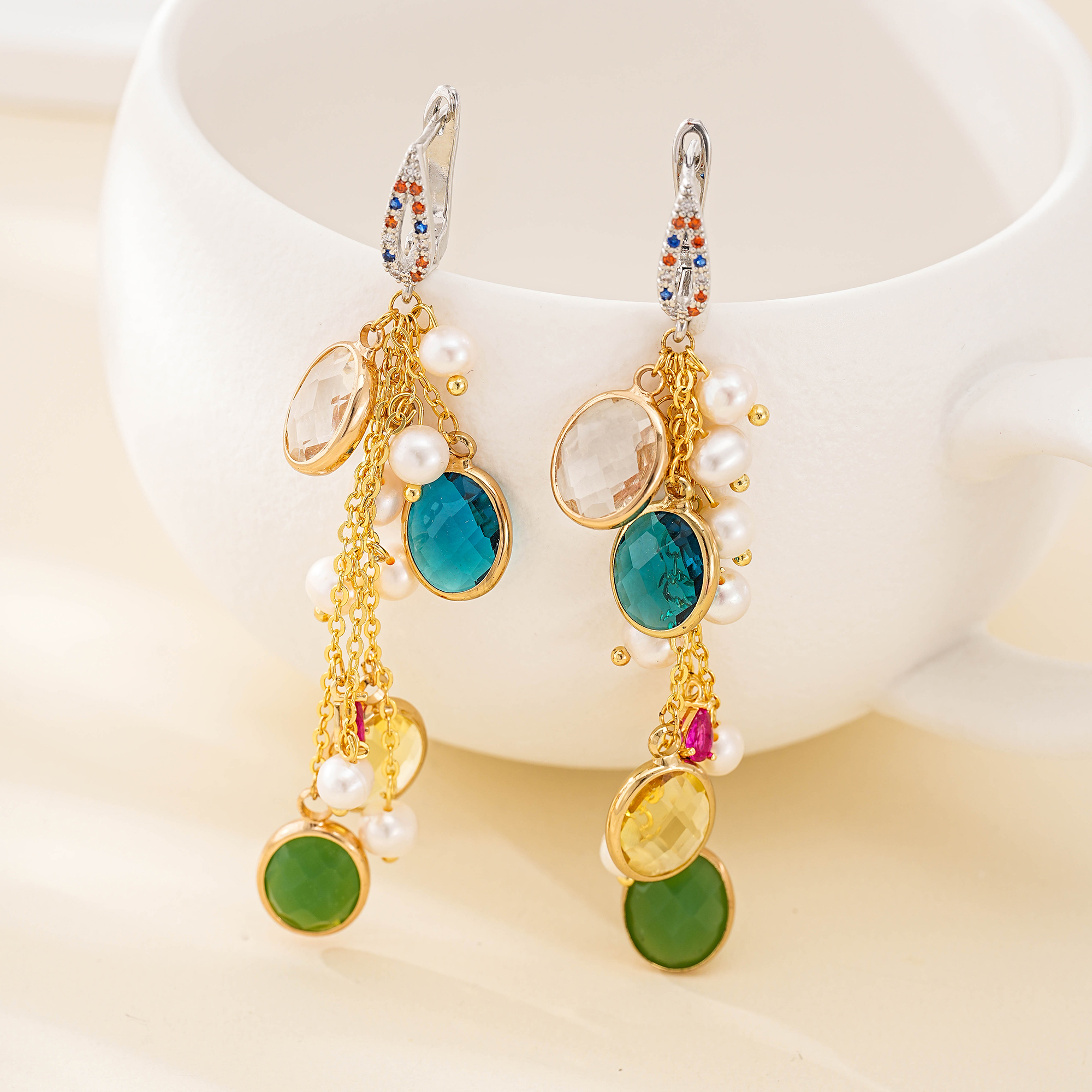 Long tassel earrings with multicolor glass drops, pearl beads and fine chains