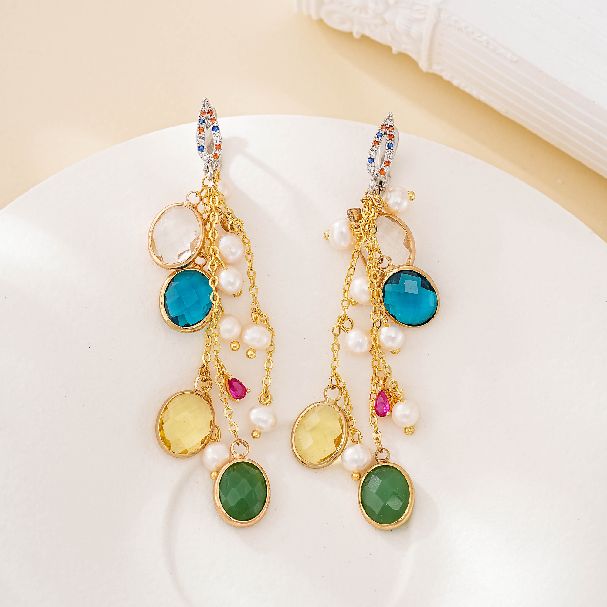 Colorful glass and pearl long tassel earrings