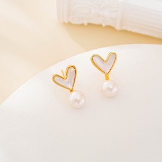 Open heart shell and pearl drop earrings