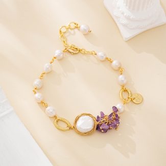 Amethyst and baroque pearl cluster bracelet