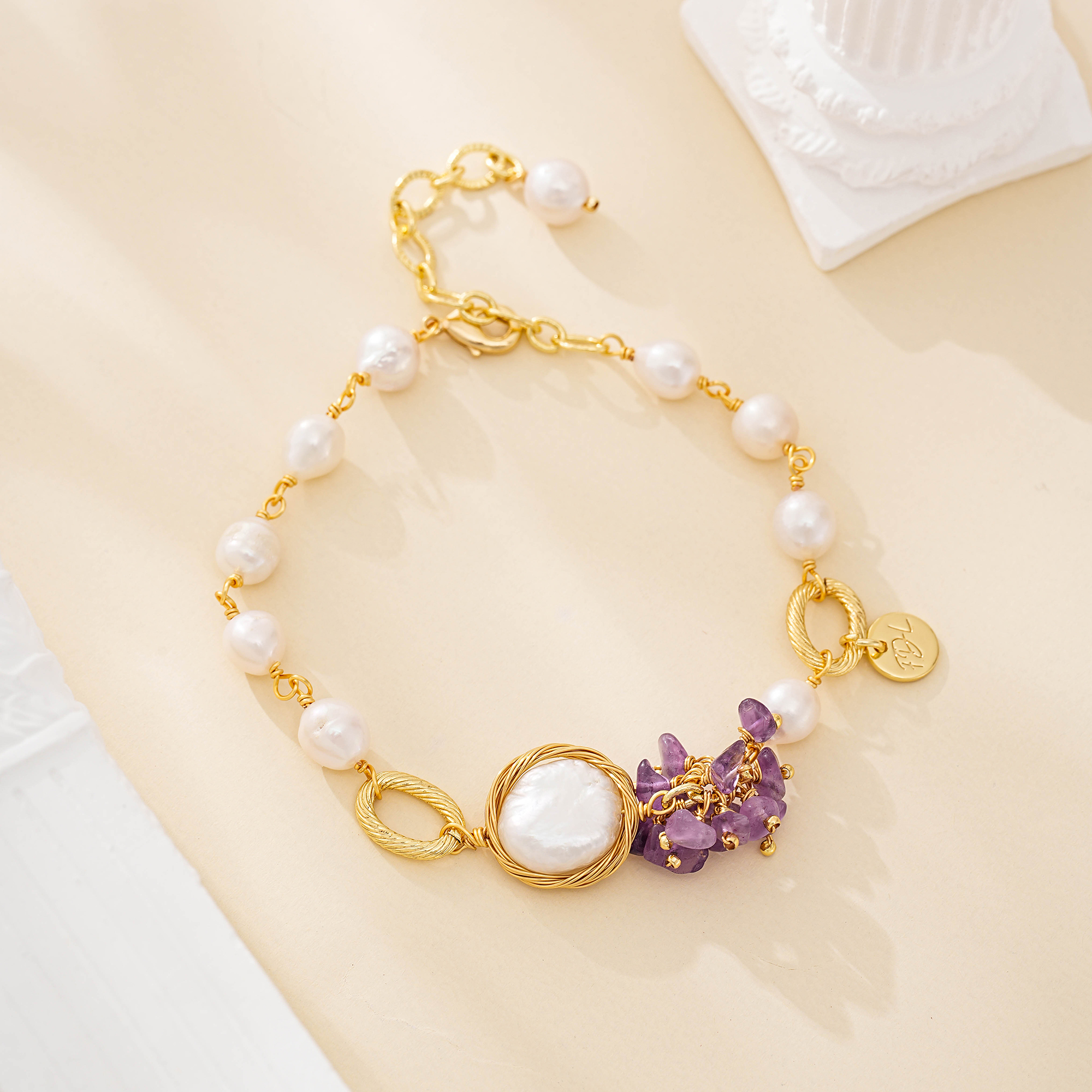 Amethyst and baroque pearl cluster bracelet