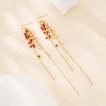 Red crystal and pearl chain tassel earrings
