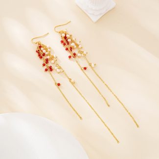 Red crystal and pearl chain tassel earrings