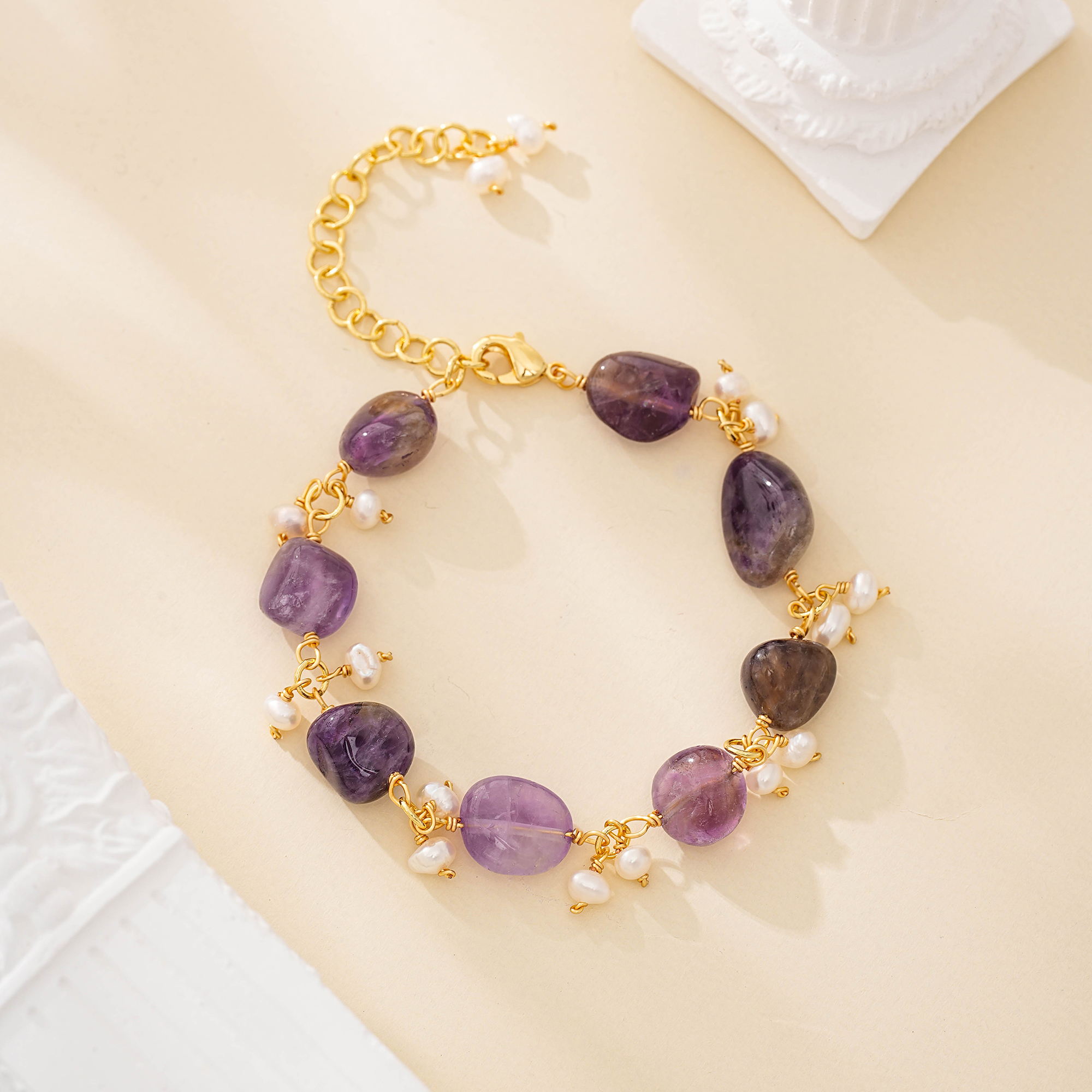 Freeform amethyst and pearl cluster bracelet
