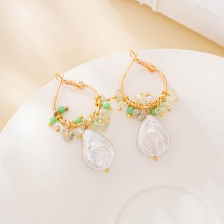 Prehnite and baroque pearl hoop earrings