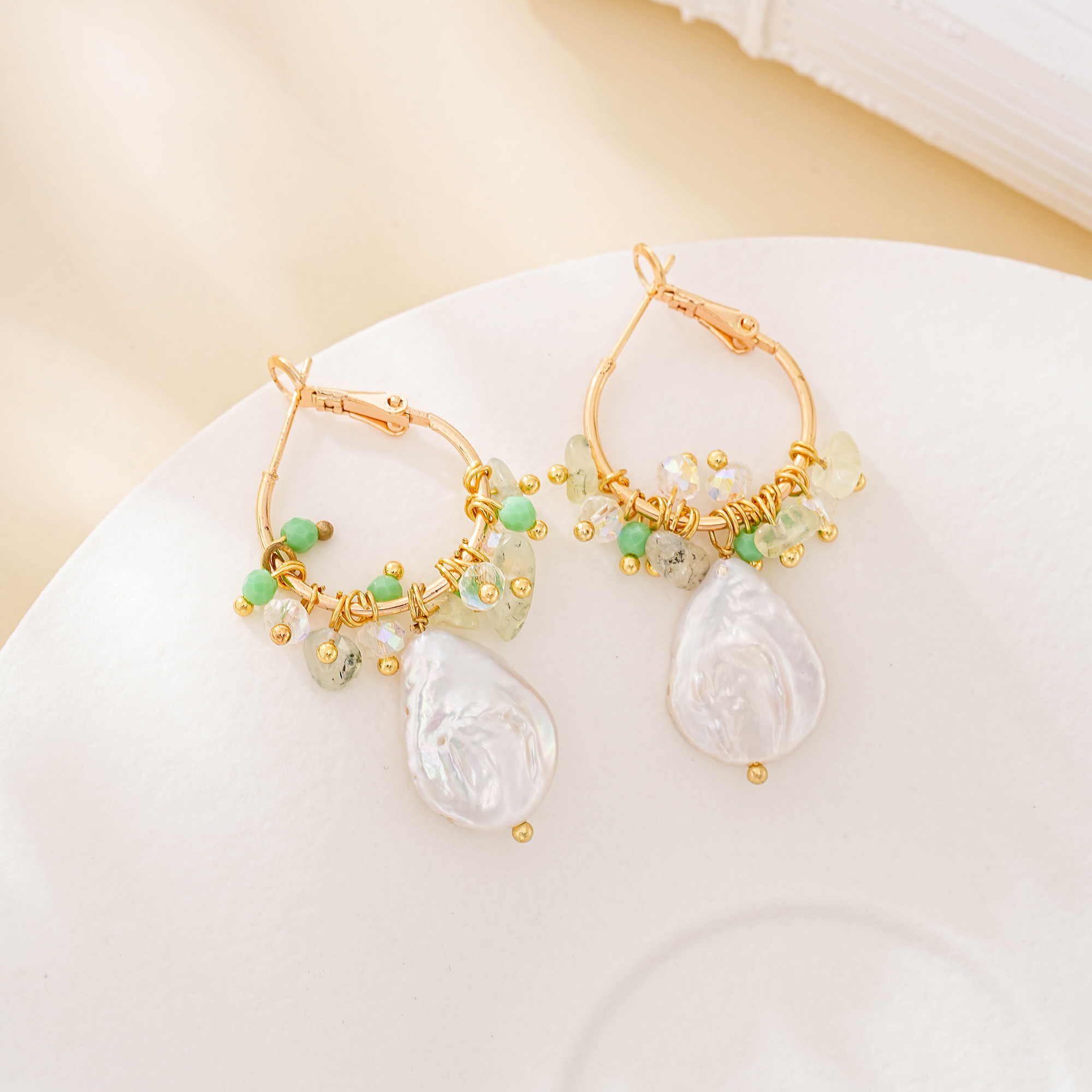 Prehnite and baroque pearl hoop earrings