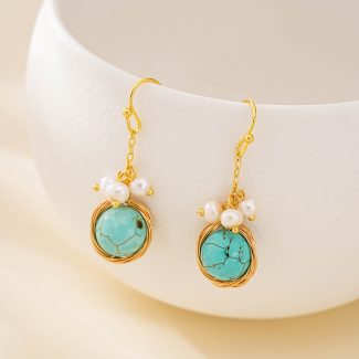 Turquoise and pearl wire-wrapped drop earrings