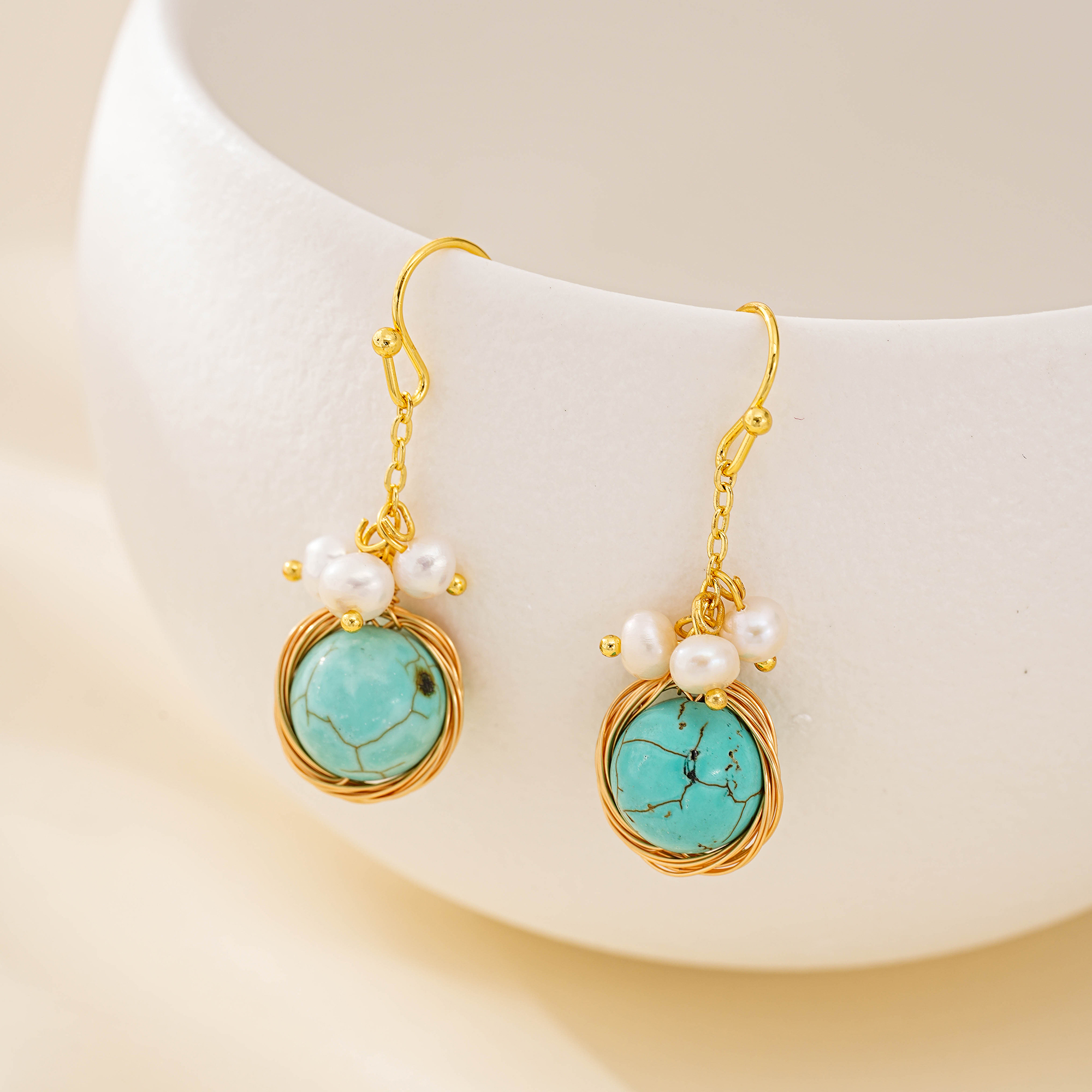 Turquoise and pearl wire-wrapped drop earrings