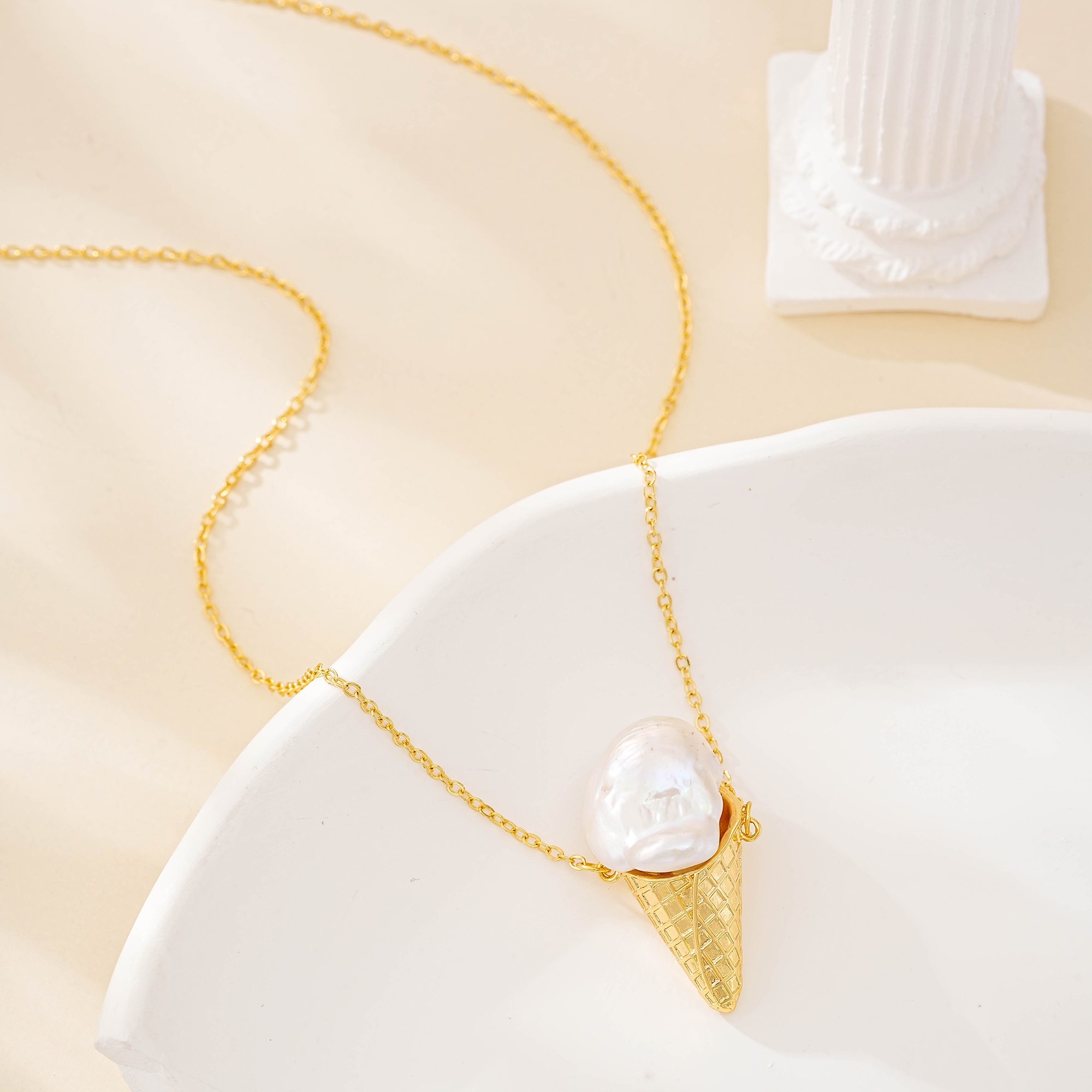 Ice cream cone pendant necklace with a baroque pearl