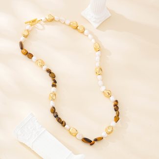 Tiger eye and baroque pearl toggle necklace