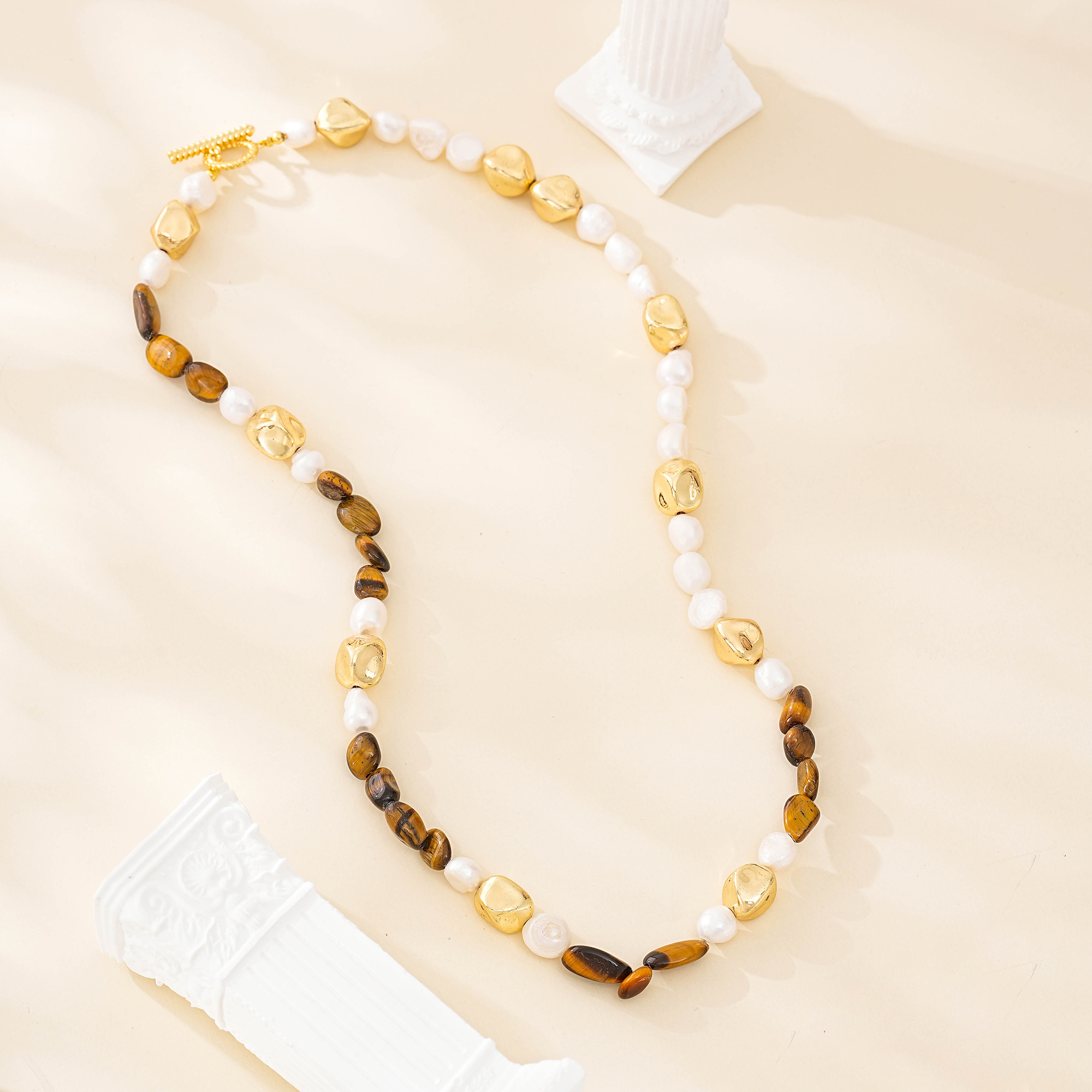 Tiger eye and baroque pearl toggle necklace