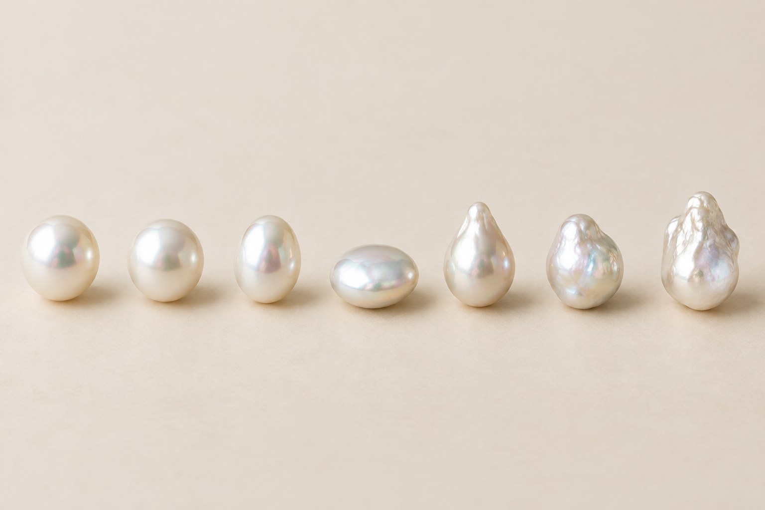 A refined arrangement showing round, near-round, oval, button, drop and baroque pearl shapes