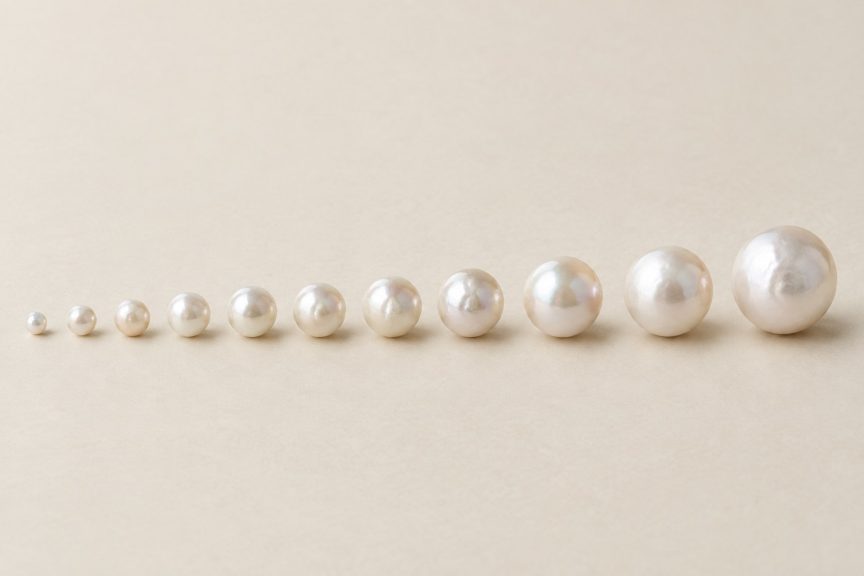 A row of white pearls increasing gradually from small to large on a warm ivory surface