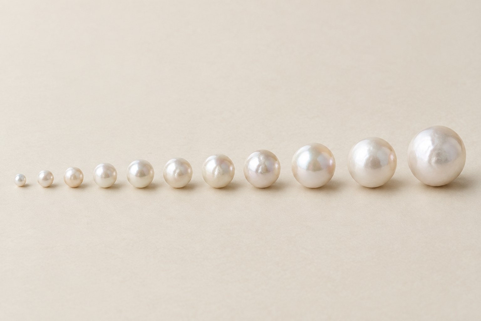 A row of white pearls increasing gradually from small to large on a warm ivory surface