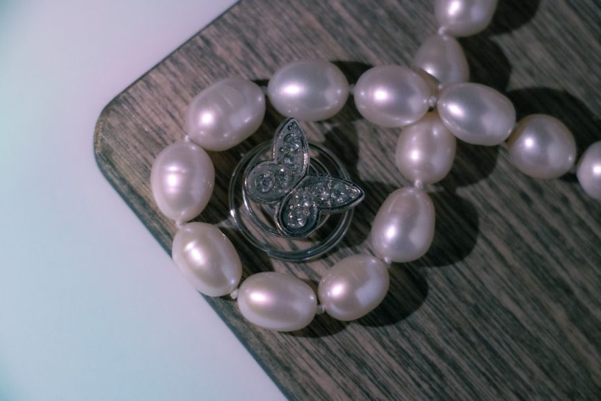 Close-up of pearl jewelry showing surface and lustre details