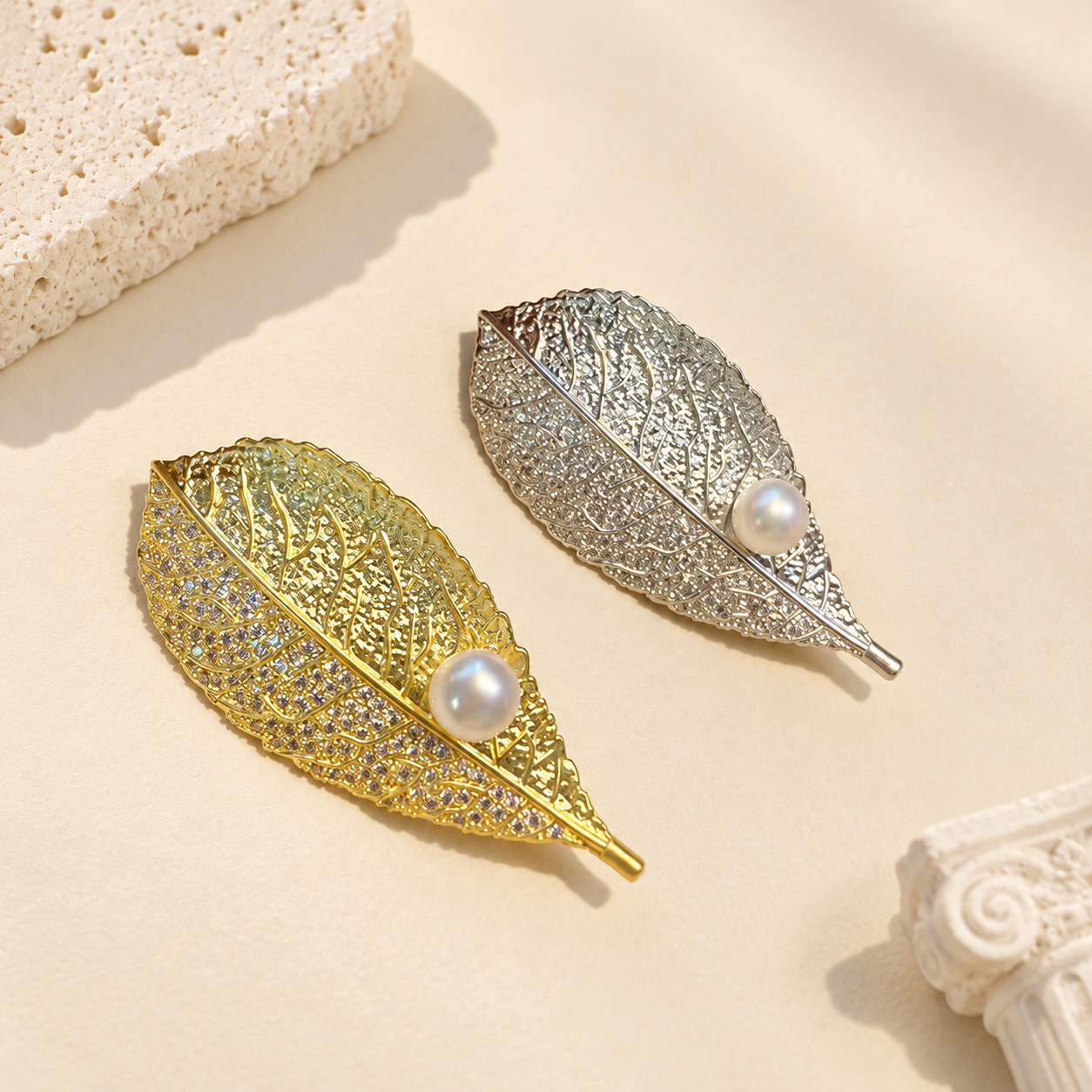 Sparkling Leaf Pearl Accent Brooch