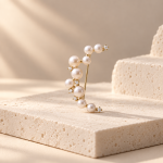 Gold-toned crescent moon brooch with graduated pearl details along an open curved frame