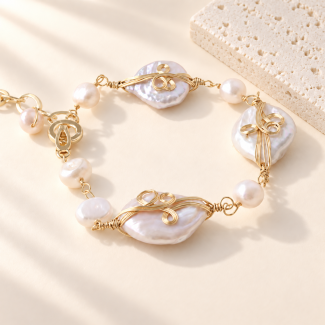 Spiral Wire Baroque Pearl Link Bracelet