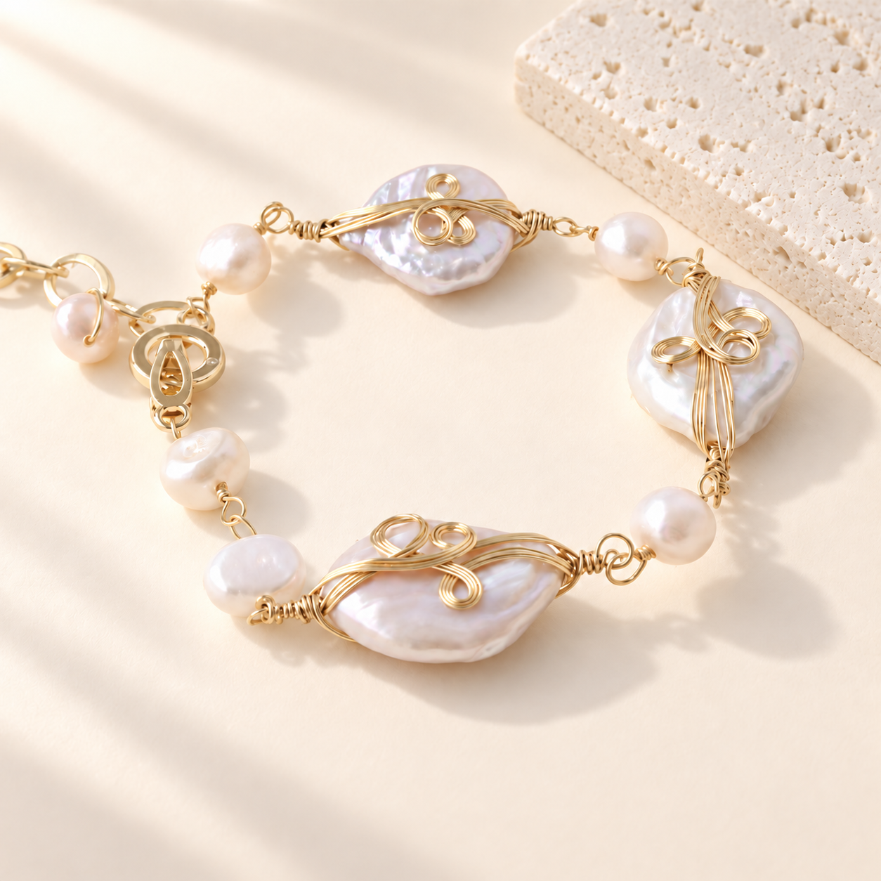 Spiral Wire Baroque Pearl Link Bracelet
