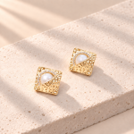 Hammered Square Freshwater Pearl Statement Studs