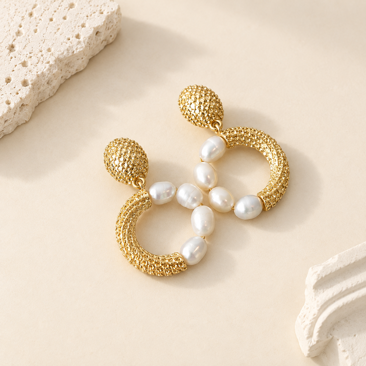Linked Half-Pearl Textured Drop Earrings