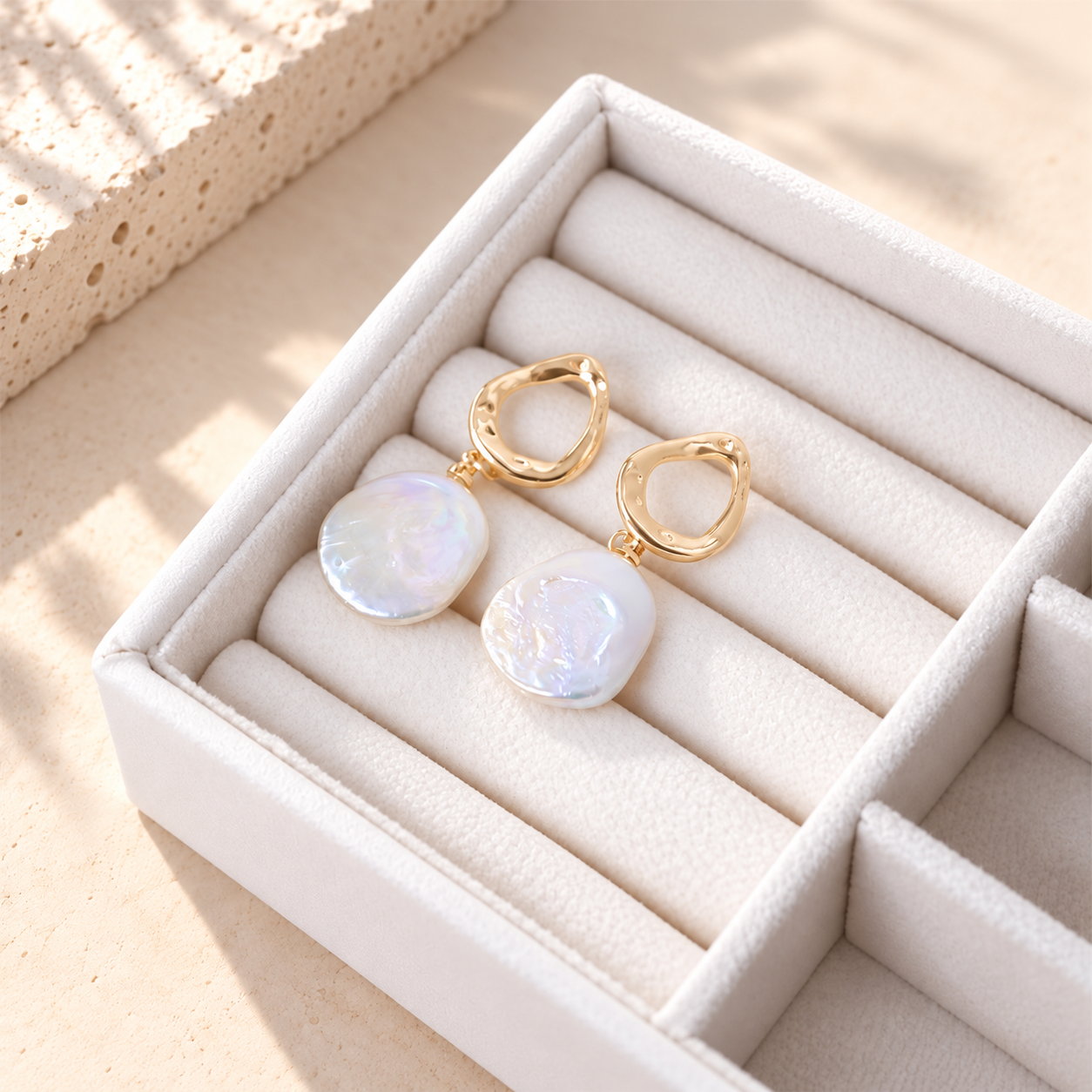 Organic baroque pearl drop earrings resting in a jewelry box