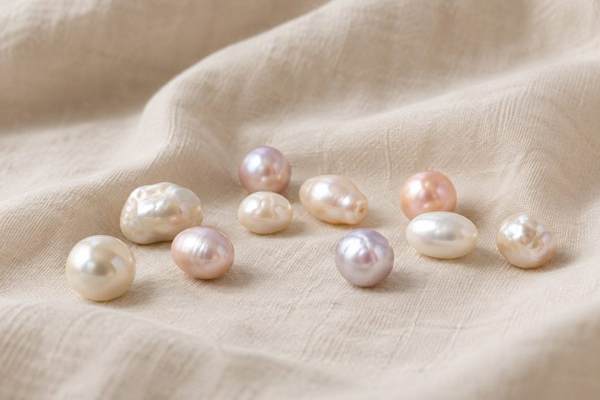 Freshwater cultured pearls in round, oval and organic shapes on warm ivory linen