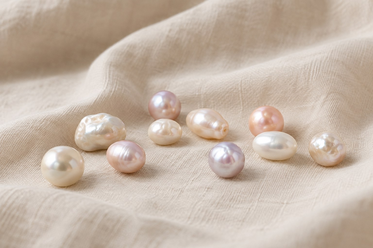 Freshwater cultured pearls in round, oval and organic shapes on warm ivory linen