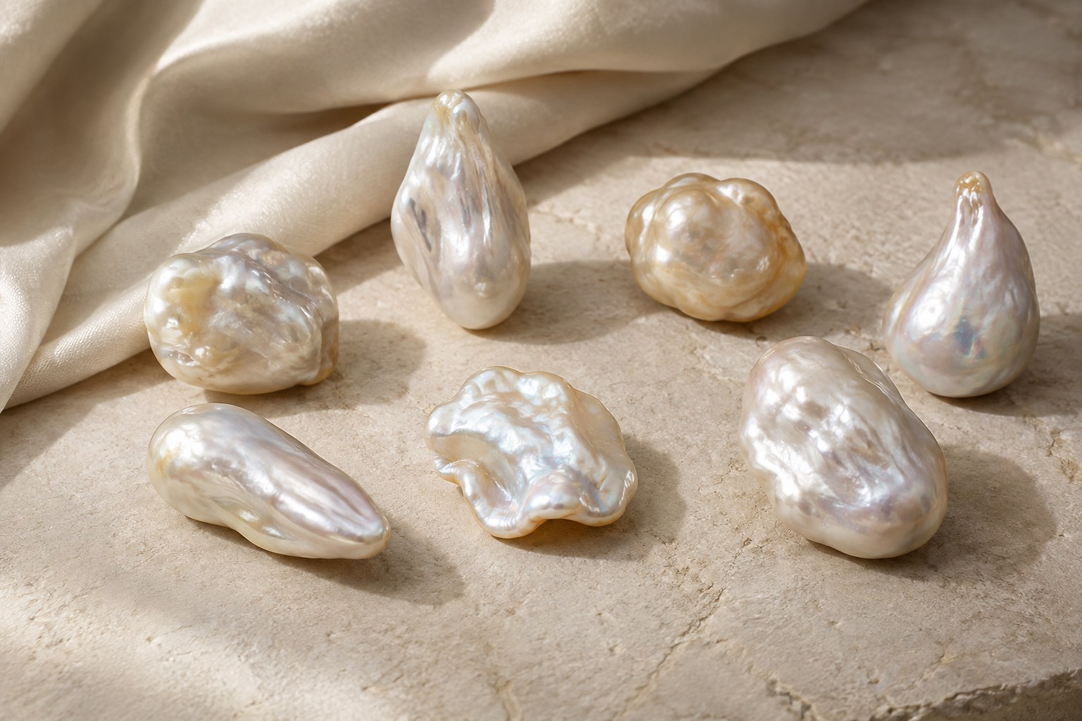 Irregular baroque cultured pearls with unique ridges and organic shapes on cream fabric