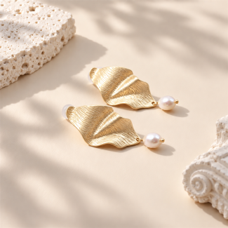Folded Gold Rice Pearl Drop Earrings
