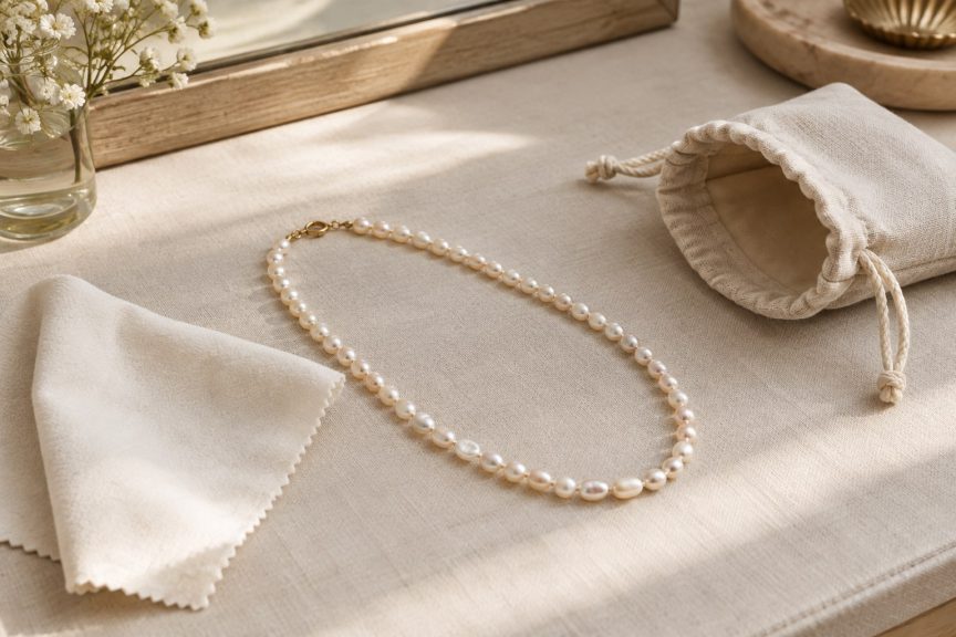 Pearl necklace beside a soft cloth and fabric pouch in a gentle care setting