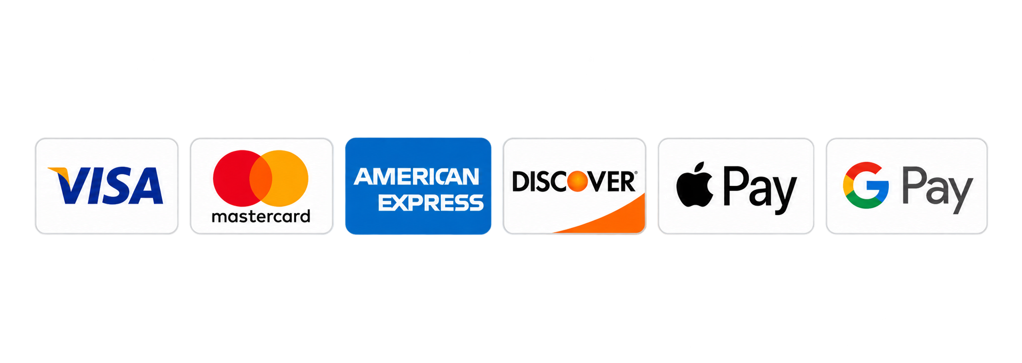 Payment methods: Visa, Mastercard, American Express, Discover, Apple Pay, Google Pay