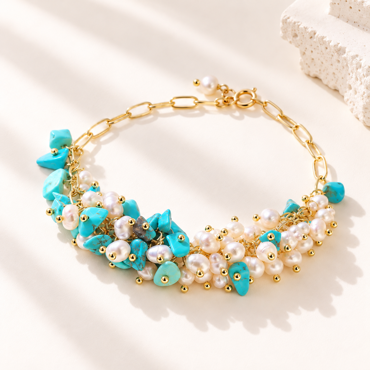 Turquoise and Freshwater Pearl Cluster Bracelet