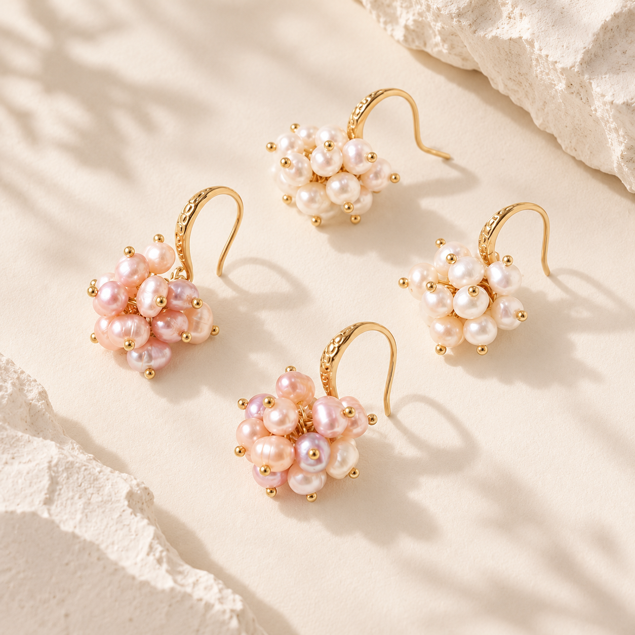 White and purple freshwater pearl cluster drop earrings with gold-plated copper hooks